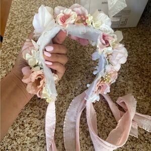 Handmade Floral Ribbon Headband Crown in Soft Pink and White for baby or girl